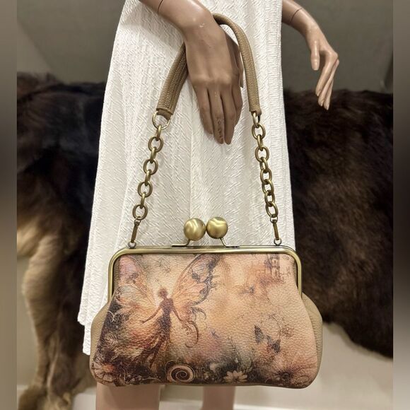 Unique Fairy Print Pebble Cowhide Handmade Large Ball Kisslock Handbag/Multi Use - Picture 10 of 16
